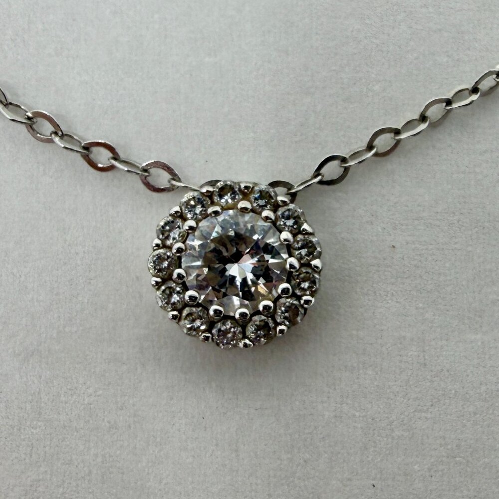 Sterling Silver CZ Halo Necklace | Petite Round Pendant | Adjustable 16–18”